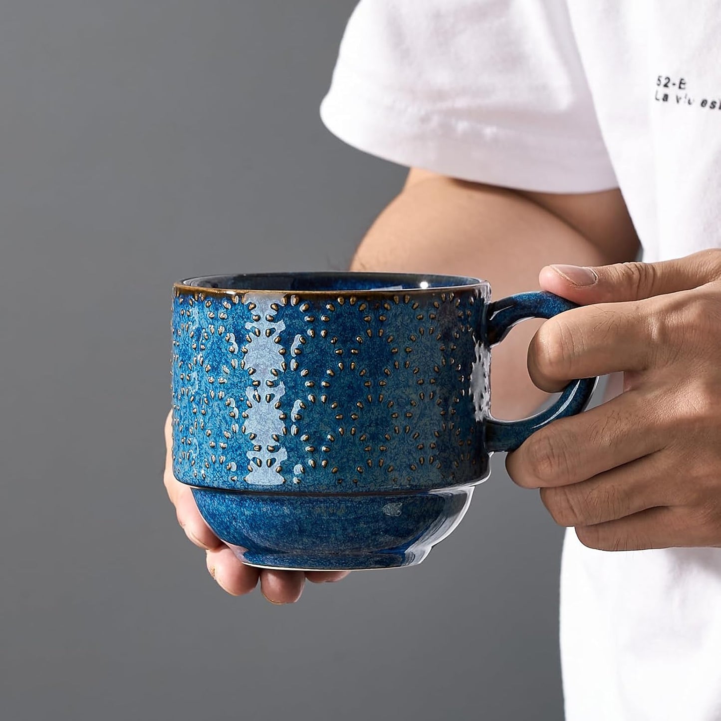 Large Ceramic Coffee Mug Set of 4 with Stand, 15 Oz Stackable Different Embossment Ribbed Latte Cup Set for Cappuccino, Tea, Hot Cocoa, Drinks - Dishwasher & Microwave Safe, Blue