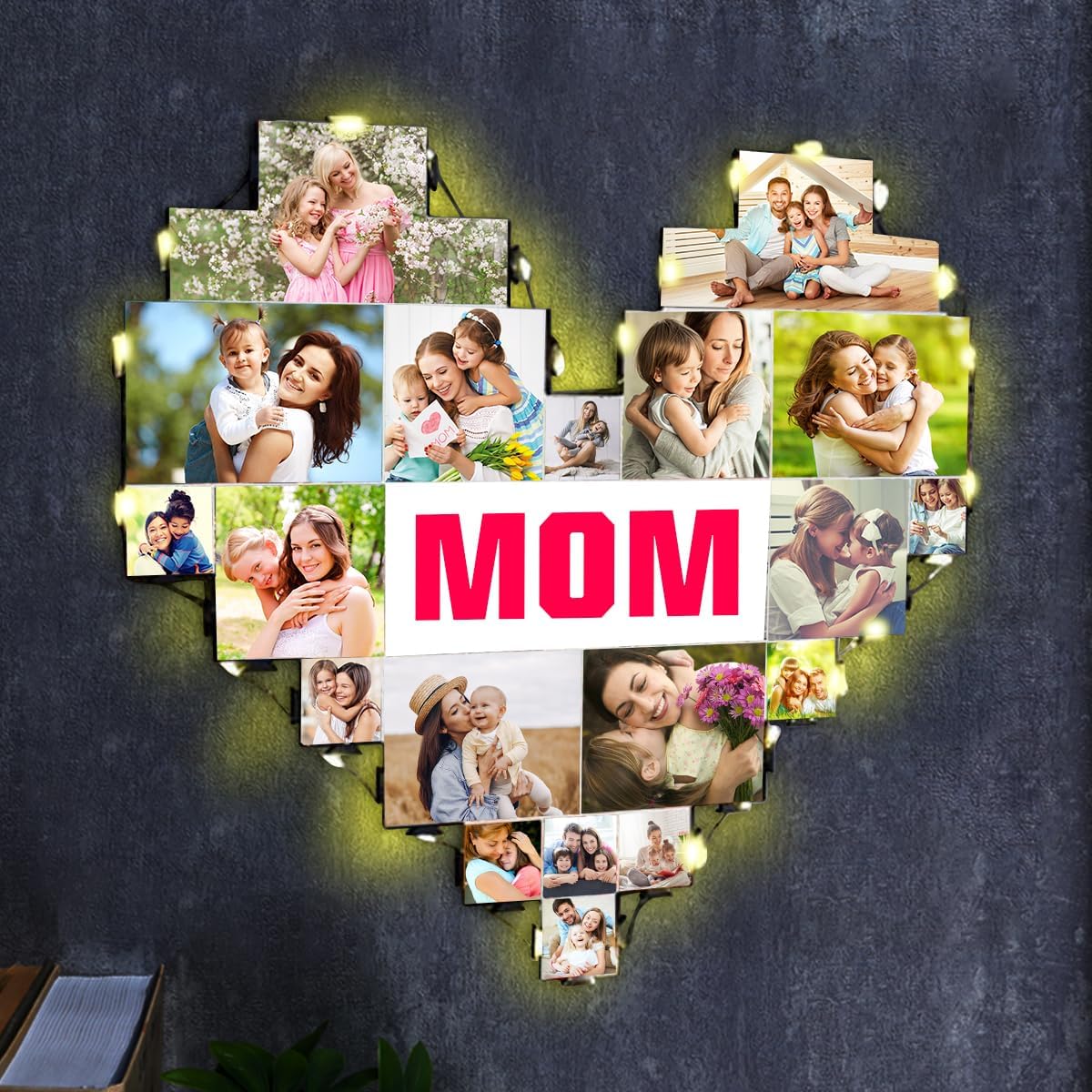 Heart Picture Frames Collage with custom 15 photo Wall Hanging Picture Frame with Led Light, Multi Photo Frame Collage for Family Pictures Wall Decor Gift For Mom Dad Father Lover Wife (15photo+mom)
