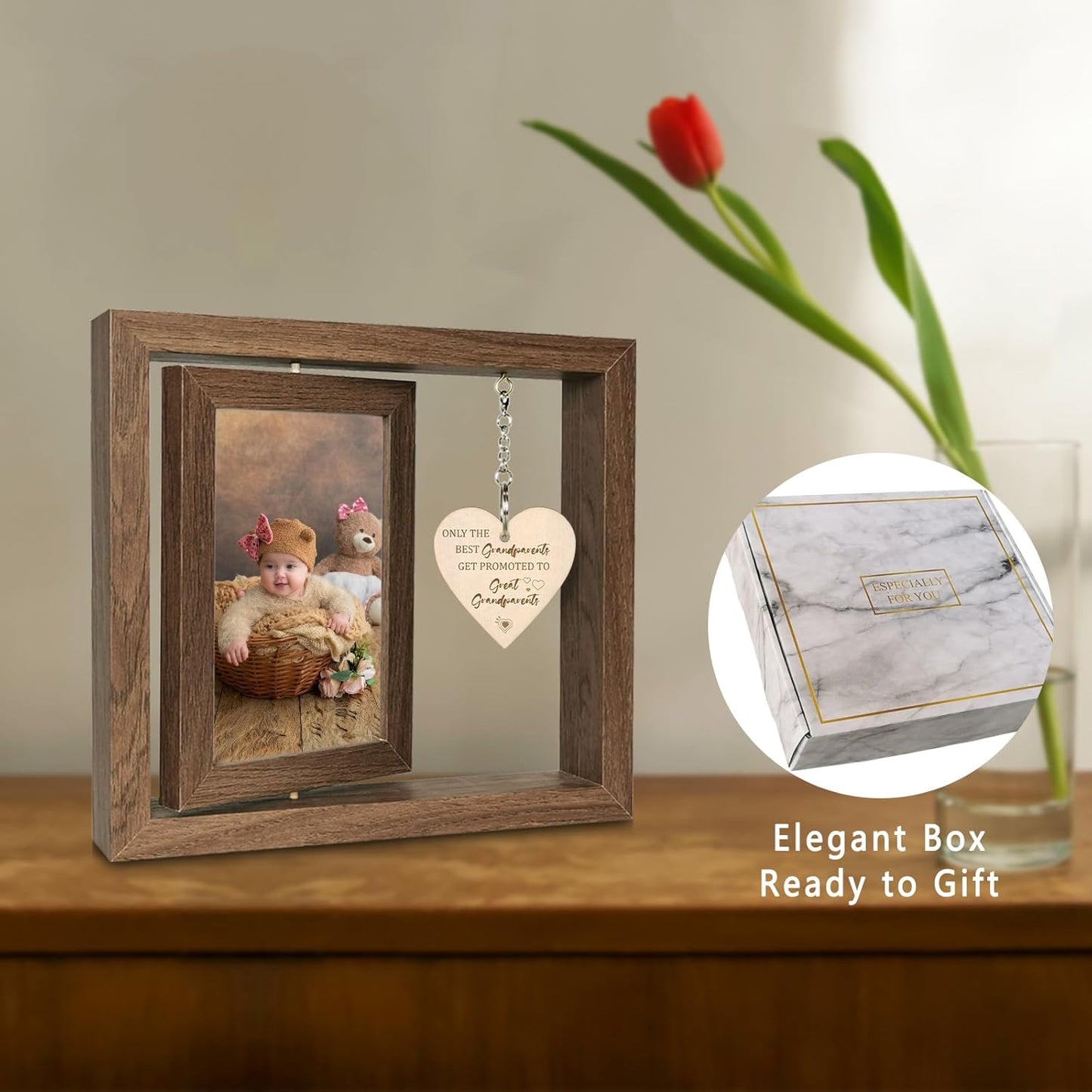 Great Grandparents Gifts - Rotating Wooden Great Grandparents Picture Frame for Two 4x6 Photos - Glass Cover, Gift Box Included - Only the Best Grandparents Get Promoted to Great Grandparents