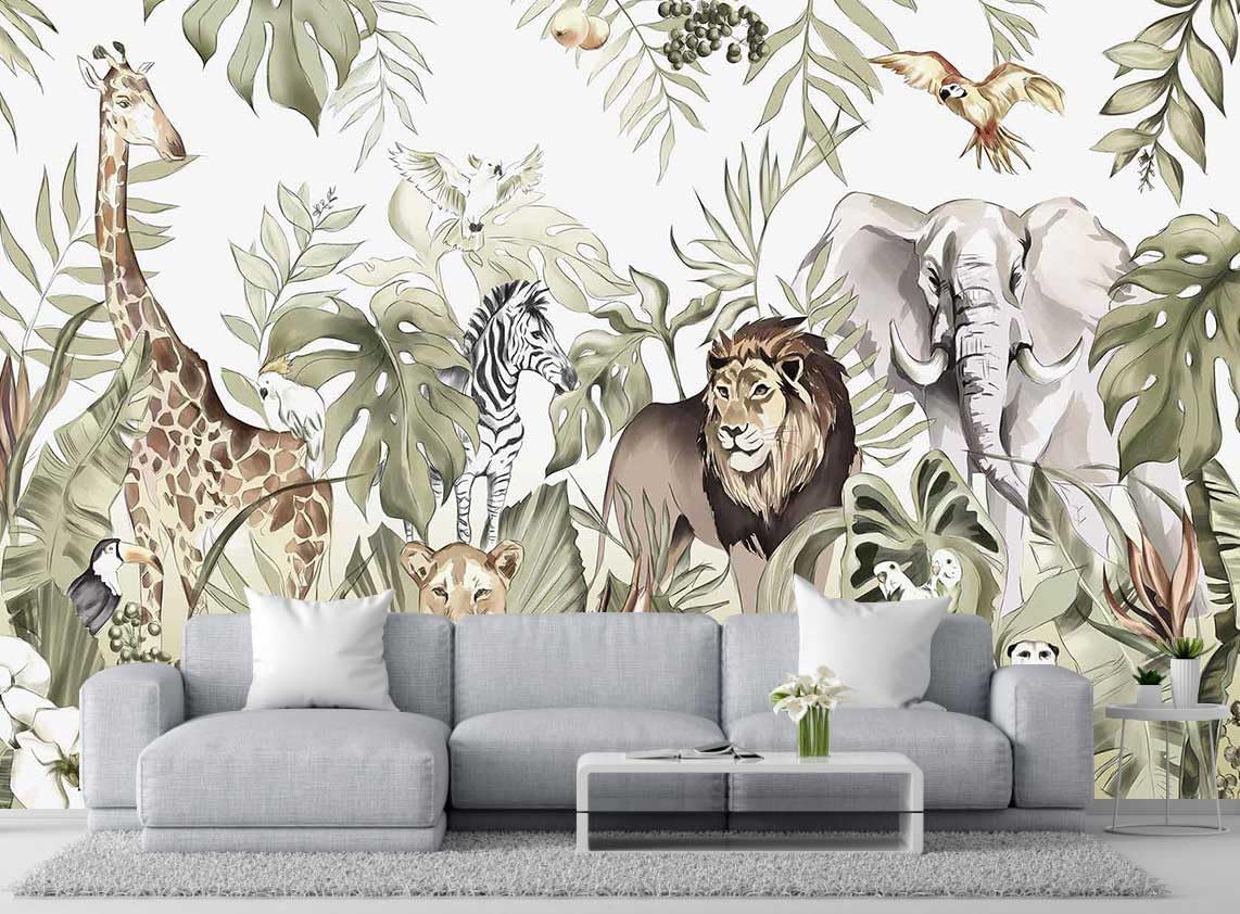 Hand-Painted Beautiful Wall Mural Pattern of Tropical Plants and Various Animals, Large Art Wall Background Wallpaper(Non-self-Adhesive)
