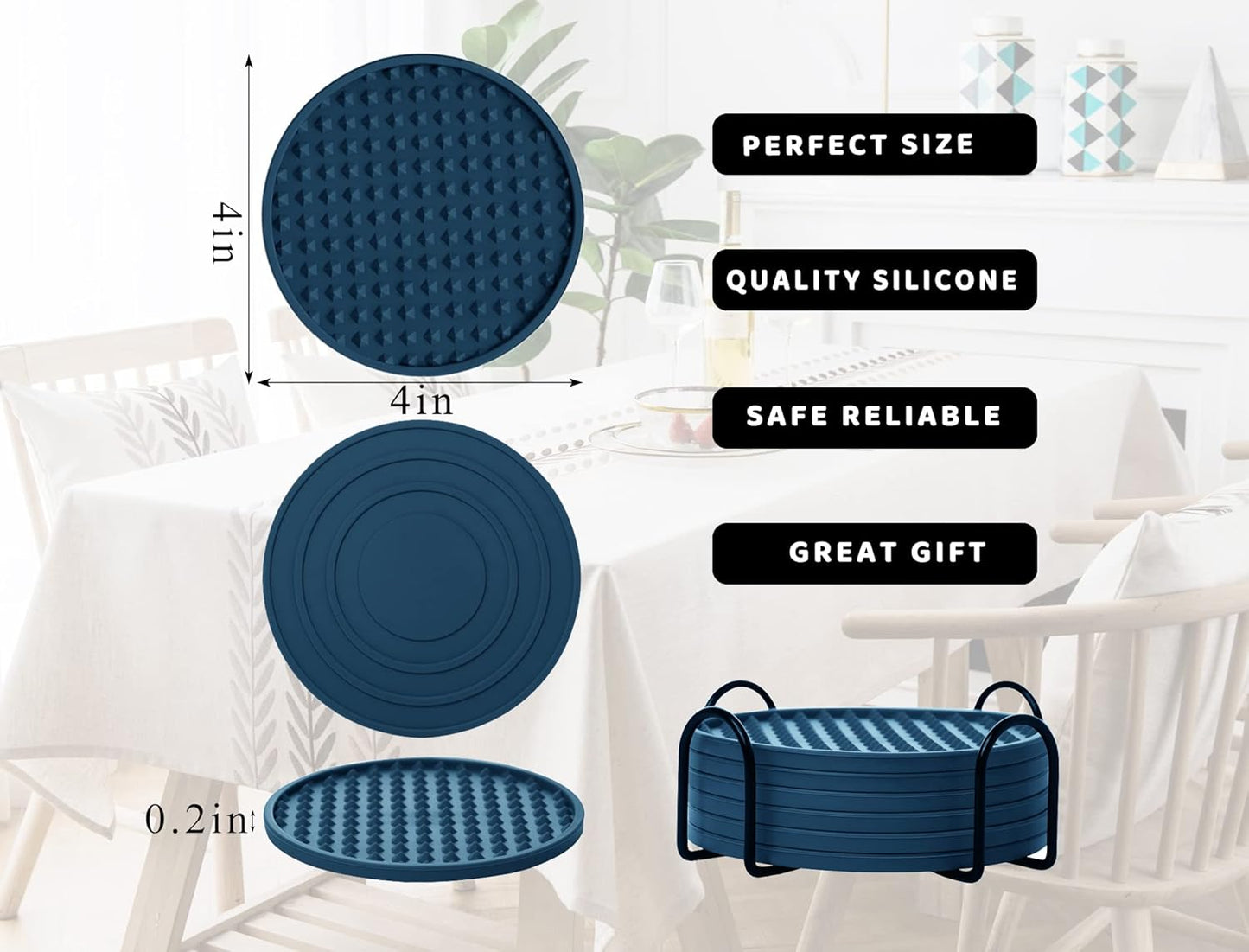 Coasters for Drinks 6 Pack Drink Coasters with Holder,Heat Resistant Silicone Cup Mat Tabletop Protection,Non-Slip Rubber Coaster for Kinds of Cups (Blue)