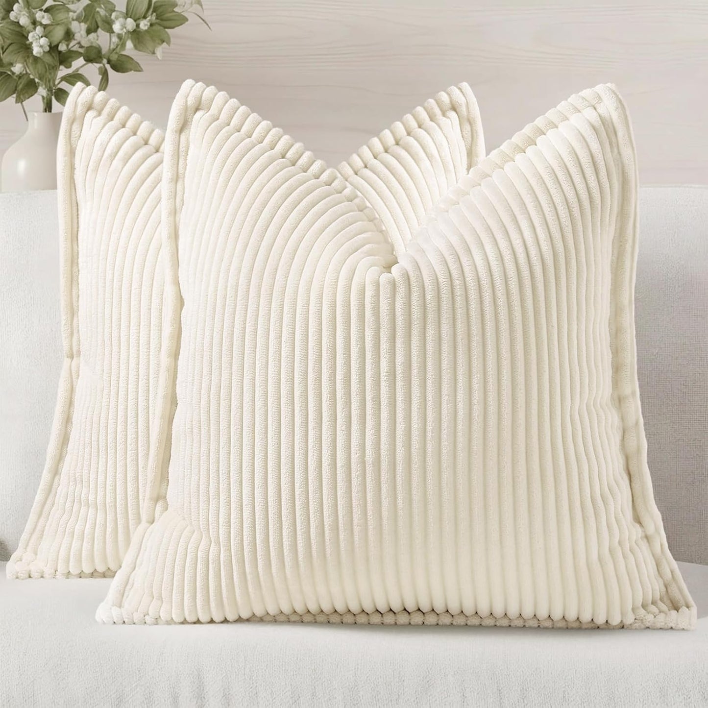 decorUhome Christmas Corduroy Cream White Throw Pillow Covers 24x24 Set of 2 Decorative Soft Boho Farmhouse Euro Couch Pillow Covers for Living Room Bed Sofa Broadside Striped Pillow Cases
