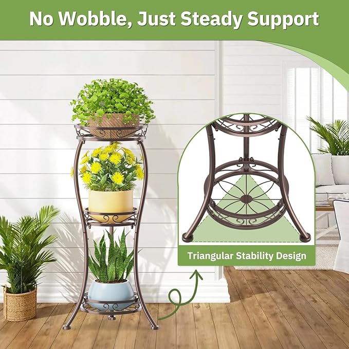 KMOTASUO 3 Tier Tall Plant Stand Indoor Outdoor for Large Planter, Multiple Level Flower Holder Organizer Rack for Patio Office Bathroom Corner, Sturdy Heavy Duty Metal, Vertical Display, Bronze