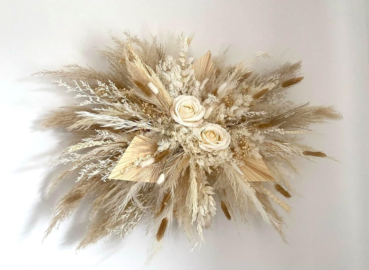 DIY Dried Pampas Wall Decor – Boho Natural Flower Swag with White Roses & Bunny Tails for Wedding Arch or Home Accent(Elegant White Pampas)