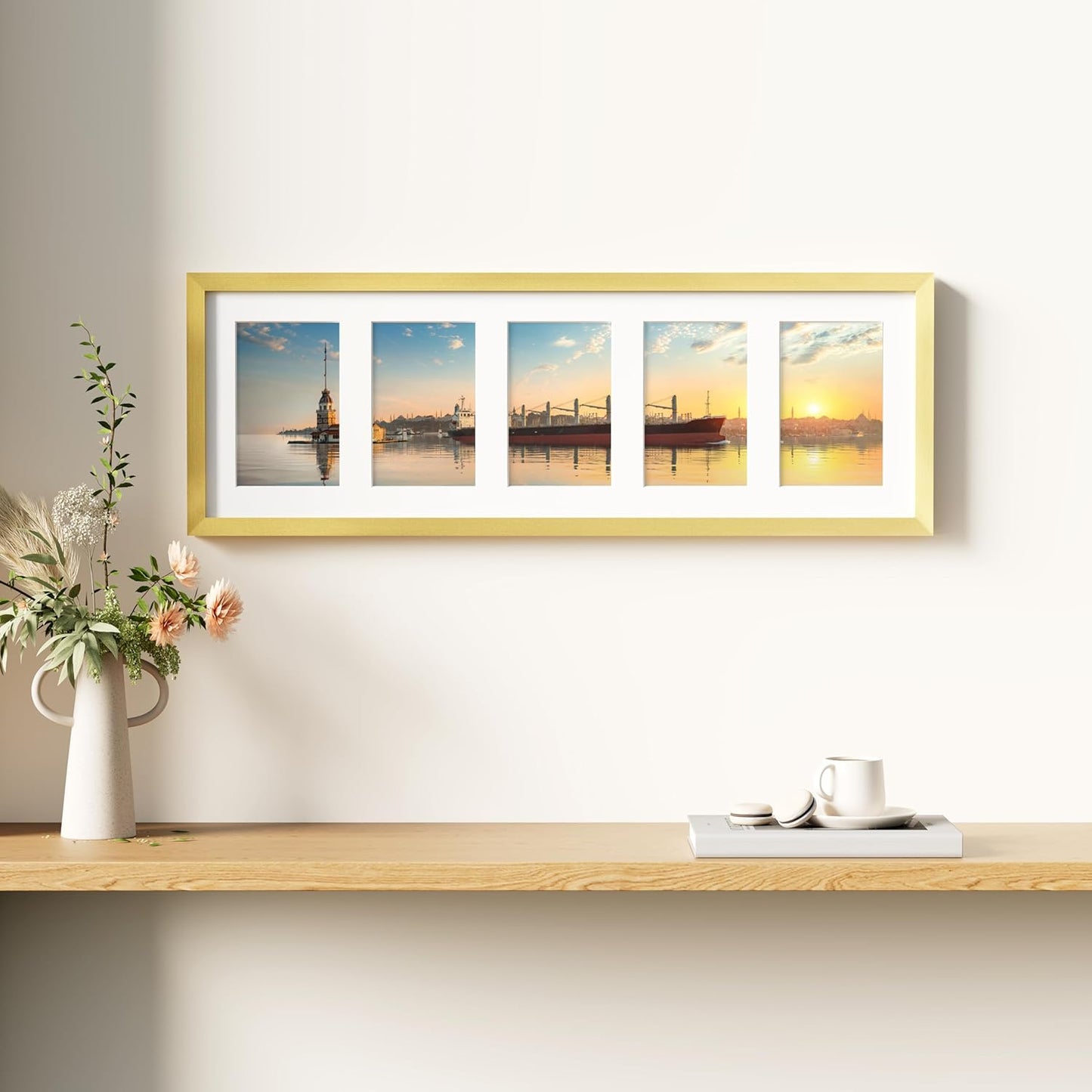 decorUhome 8x24 Picture Frames Collage Wall Decor, Display 5Pcs 4x6 Photos with Mat or 1Pcs 8x24 Unmatted, 5 4x6 Collage Picture Frames for Wall Mounting, Gold