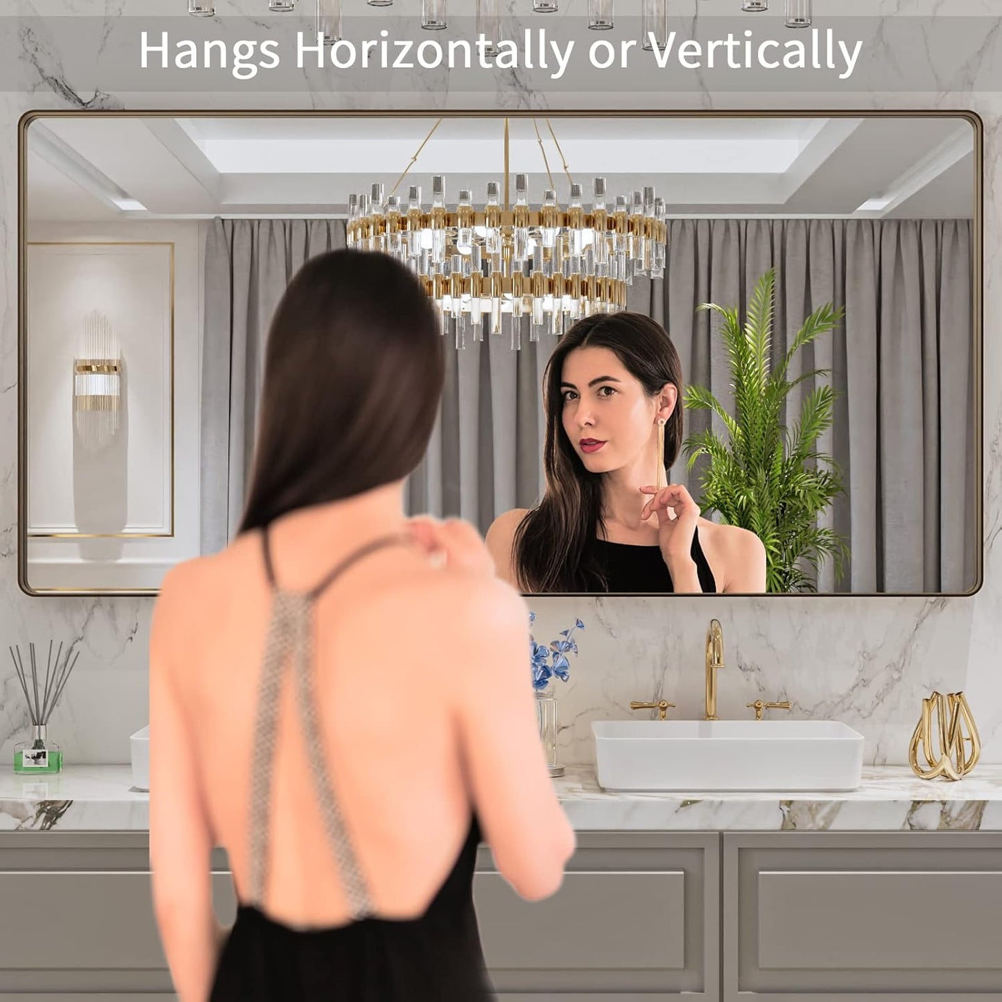 LOAAO 72”X36” Bronze Bathroom Mirrors for Vanity, Rounded Rectangle Brushed Bronze Metal Frame Mirror, Anti-Rust, Tempered Glass, Hangs Horizontally or Vertically