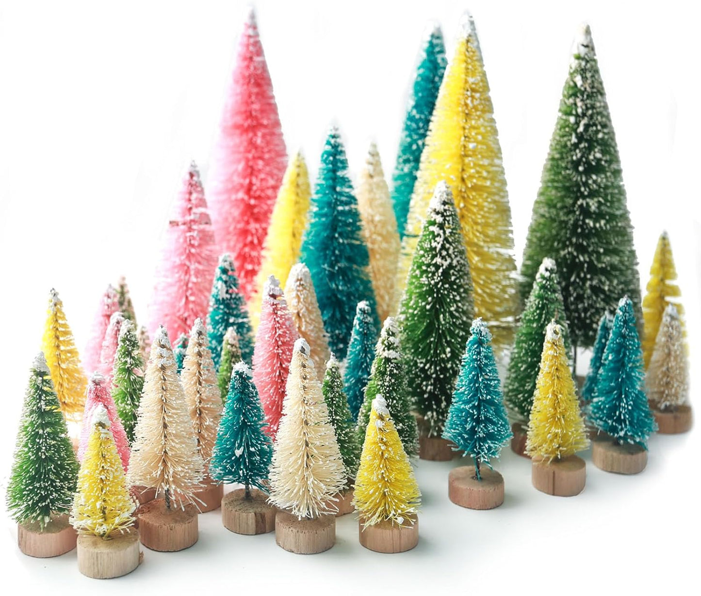 LOVEINUSA 40PCS Colorful Mini Christmas Trees, Snow Frosted Sisal Trees Colored Bottle Brush Xmas Trees with Wooden Base for Xmas Winter Home Table Decoration