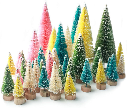 LOVEINUSA 40PCS Colorful Mini Christmas Trees, Snow Frosted Sisal Trees Colored Bottle Brush Xmas Trees with Wooden Base for Xmas Winter Home Table Decoration