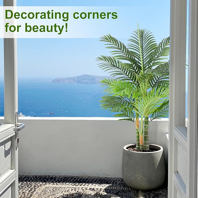 4ft Tall Triple Golden Cane Palm Artificial Tree 48" Large Tropical Palm Tree UV Resistant Fake Tree in Pot for Indoor Outdoor Big House Living Room Outside Patio Office Home Decor 2Pack