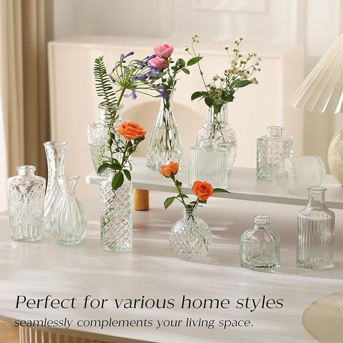 Glass Bud Vase Set of 20 - Small Vases for Flowers in Bulk - Assorted Vintage Crystal Vases for Flowers, Table Centerpieces (Clear, 20 Pcs)