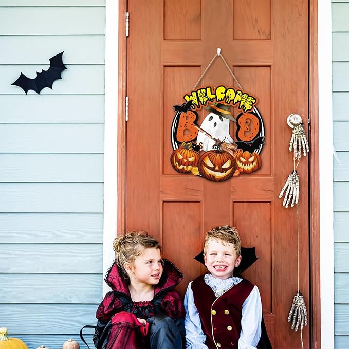 Welcome Halloween Sign,Cute Ghost Door Sign,Halloween Pumpkin Door Decor,Bat Pumpkim Wall Hanging,Black Cat Bat Boo Ghost Wall Decoration for Party Home Porch Yard Room Office Outdoor Indoor