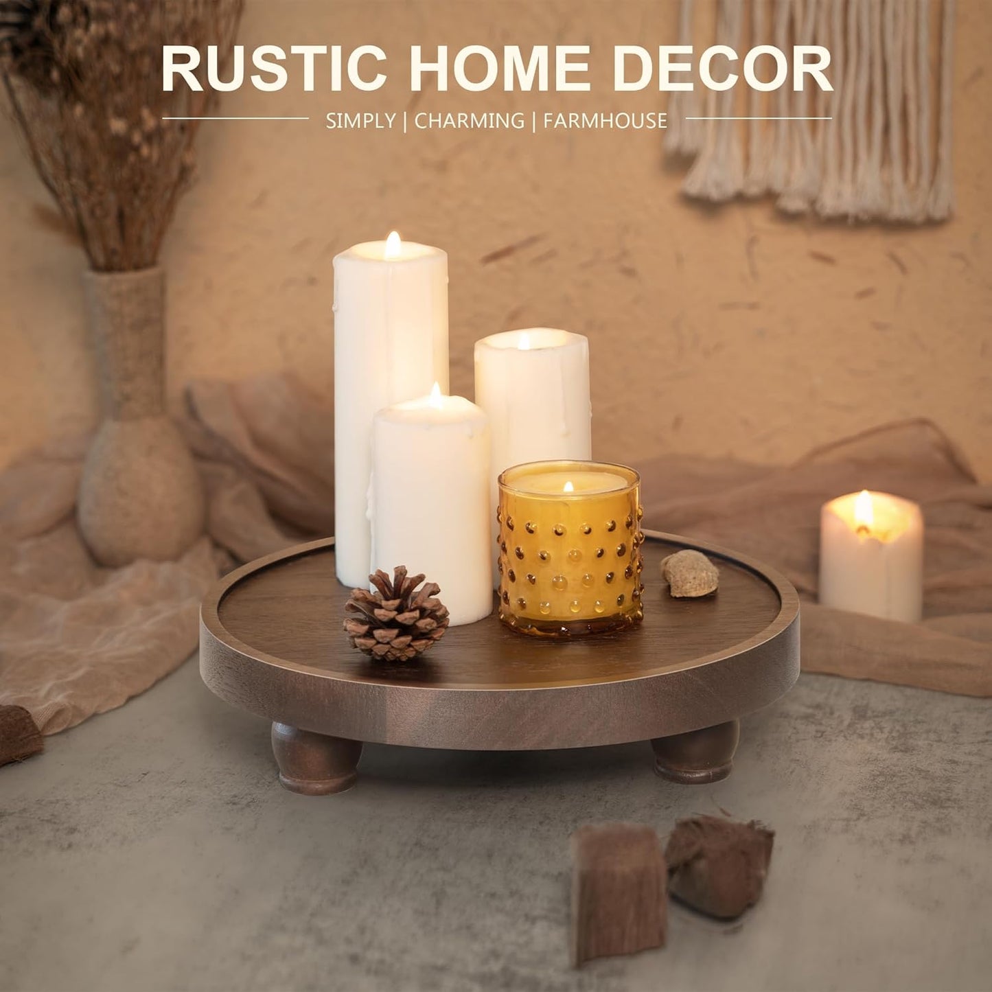 EOSAHR Farmhouse Wood Riser for Home Decor – Acacia Wood Round Pedestal Stand for Bathroom Decor & Kitchen Sink – Decorative Tray for Soap Dispenser, Candle, Plant & Cupcake (Dark Acacia)