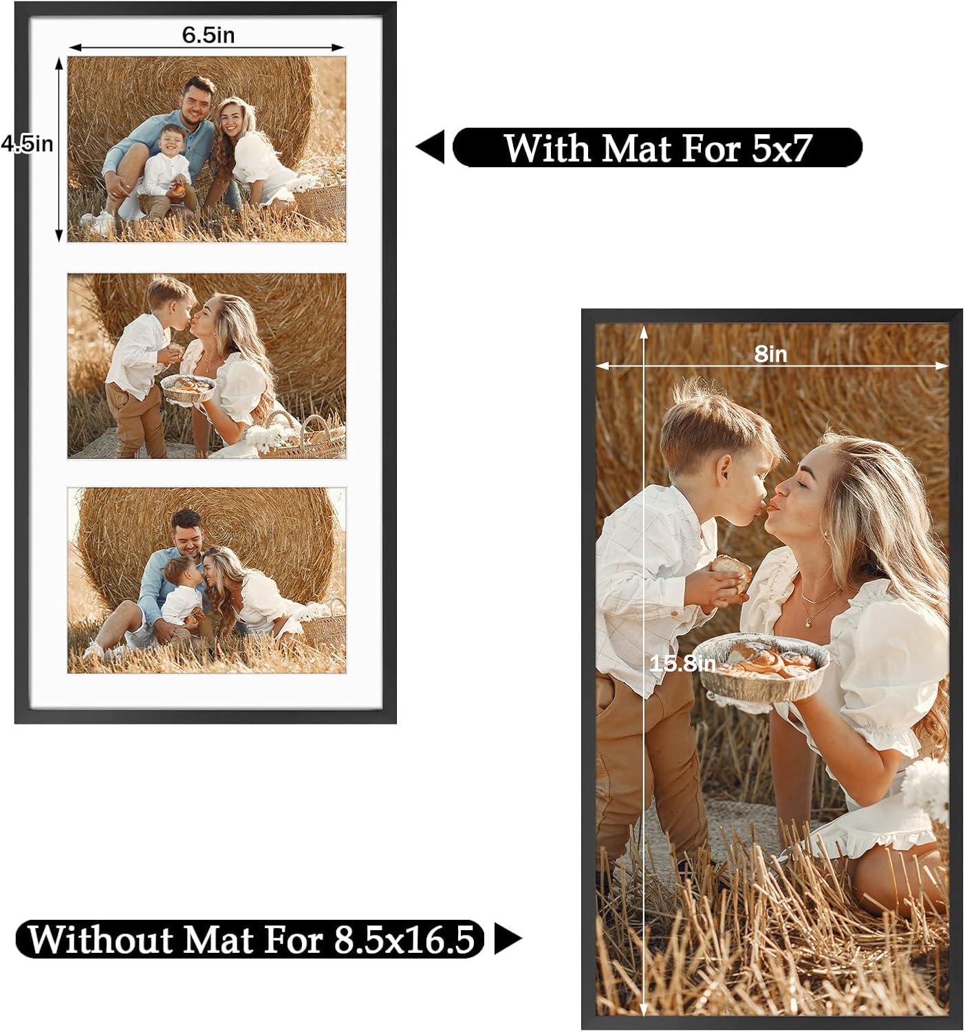 Frametory - 8.5x16.3 Aluminum Collage Picture Frame - Display 5x7 Pictures with 3 Openings Mat - Real Glass Front - Horizontal/Vertical Wall Mount - Black 1 Pack