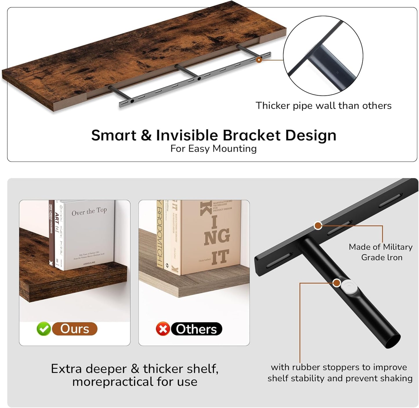 Fun Memories 55 Inch Floating Shelves - 12 Inch Deep Rustic Wooden Wall Shelves - Extra Deeper & Thicker Wall Mounted Storage Shelf for Living Room, Kitchen, Farmhouse - 55" W x 12" D x 1.8"H - Brown