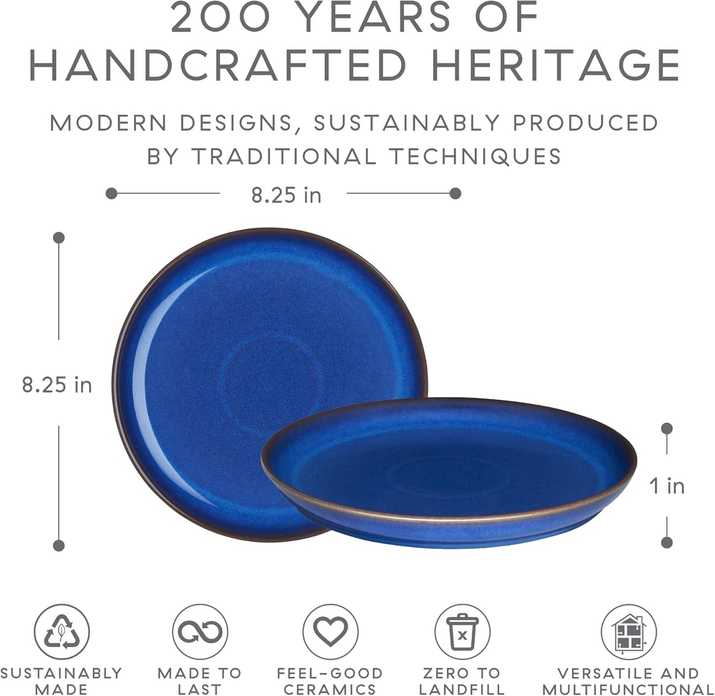 Denby - Imperial Blue Coupe Salad Plates Set of 6 - Dishwasher Microwave Oven Safe - Scratch Chip Resistant Medium Lunch, Appetizer, Dessert Plates - 8.25 Inch Ceramic Stoneware Dinnerware Set