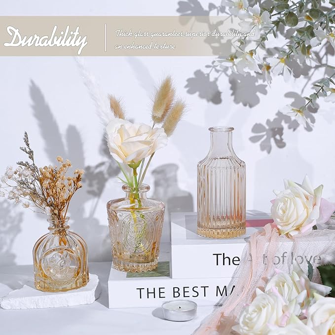Glass Bud Vase Set of 24, Small Amber Flower Vases for Centerpieces in Bulk, Mini Vintage Vase for Wedding Decor, and Home Table Décor