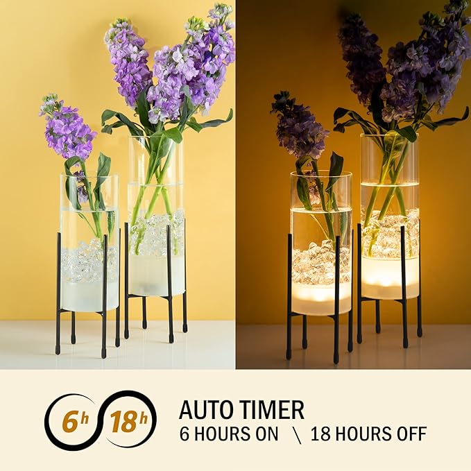 Flower Vase for Decor, for Flowers Plants, Clear Vase with Black Stand, Modern Decorative with Timer LED Lights Battery Operated,Centerpiece/Wedding/Party(Set of 2)