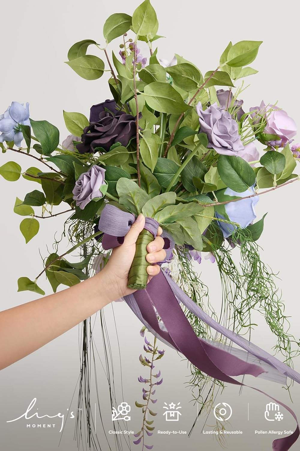 Ling's moment Purple Blue Wedding Bouquets for Bride, Lilac Bridal Bouquets for Bride, 13 Inch Free Form Artificial Wedding Flower Bouquet