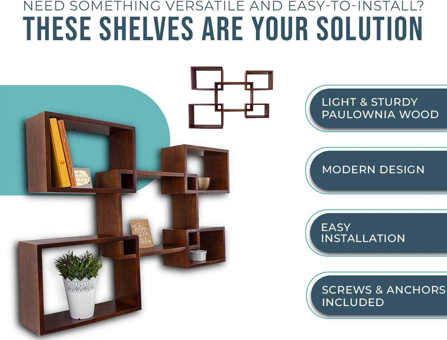 Comfify Modern Wall Mounted Square Shaped Floating Shelves – Set of 5 Square Shelves for Bathroom, Bedroom, Living Room & More – Rustic Wall Decor Display for Home - Brown