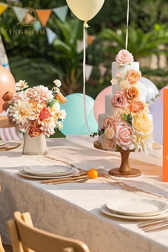 TINGE TIME Fake Flowers Artificial Flowers Peonies Bulbous Chrysanthemum Daisy Hydrangea Sunflower Violets Dahlia Daffodils Epiphyllum Orchid Cherry Blossom Camellia Leyaron (Blush & Champagne)