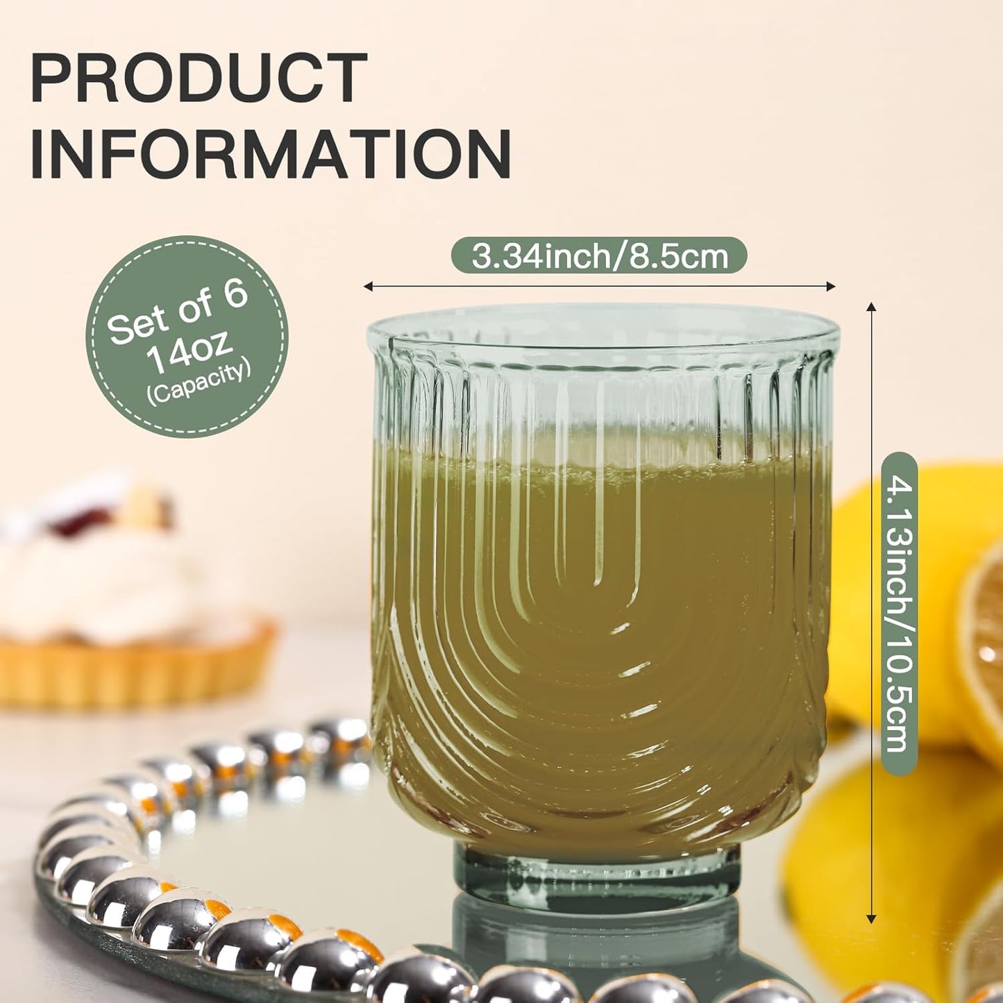 Green Vintage Glassware Set of 6-14Oz Green Water Drinking Glass, Art Deco Ripple Highball Glass, Whiskey Cocktail Glasses, for Bar Beverages Ice Coffee Juice, Housewarming Gifts