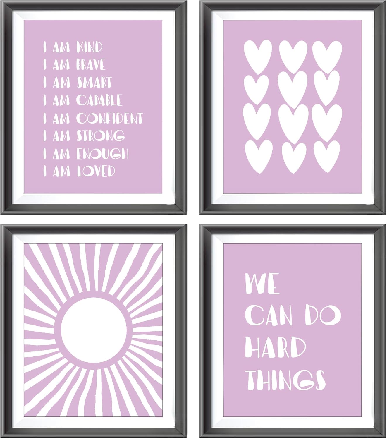 I am Kind Brave Smart Affirmations Purple Sun Sunshine Hearts Poster Prints for Girls Kids Room Playroom Decor,Girl Nursery Decorations Prints Wall Art Unframed 4pcs 8x10inches,Girls Kids Gifts