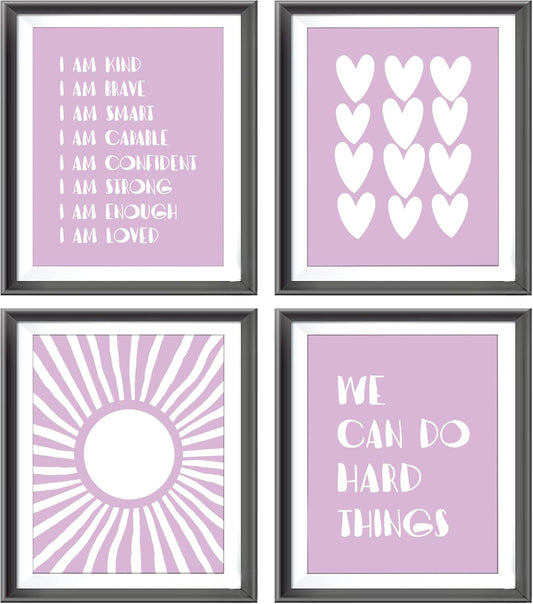 I am Kind Brave Smart Affirmations Purple Sun Sunshine Hearts Poster Prints for Girls Kids Room Playroom Decor,Girl Nursery Decorations Prints Wall Art Unframed 4pcs 8x10inches,Girls Kids Gifts