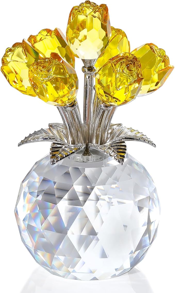 Ornalrist Crystal Yellow Rose Flower Collectible Figurine, Rose Bouquet Floral Romantic Gifts for Wife, Mom, Women on Mother's Day Valentine's Day Wedding Anniversary (5.11'' Gift Boxed)