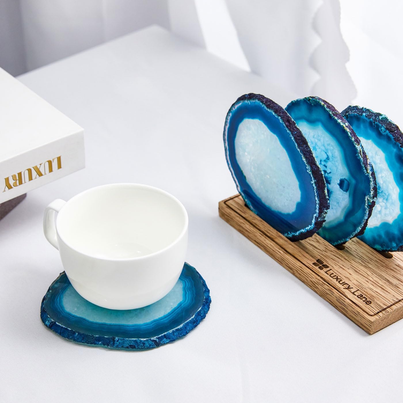 Luxury Lane Set of 4 Large Natural Brazilian Agate Slice Geode Rock Stone Drink Coasters with Wood Holder 4.3-4.7 inch Centerpiece Table Decoration, Ocean Blue
