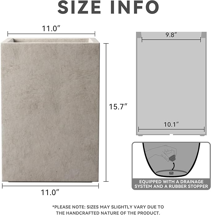 Kante 15.7" H Tall Rectangular Concrete Planters, Outdoor Indoor Lightweight Plant Pots with Drainage Hole and Rubber Plug, Modern Style for Home Garden Patio, Weathered Concrete