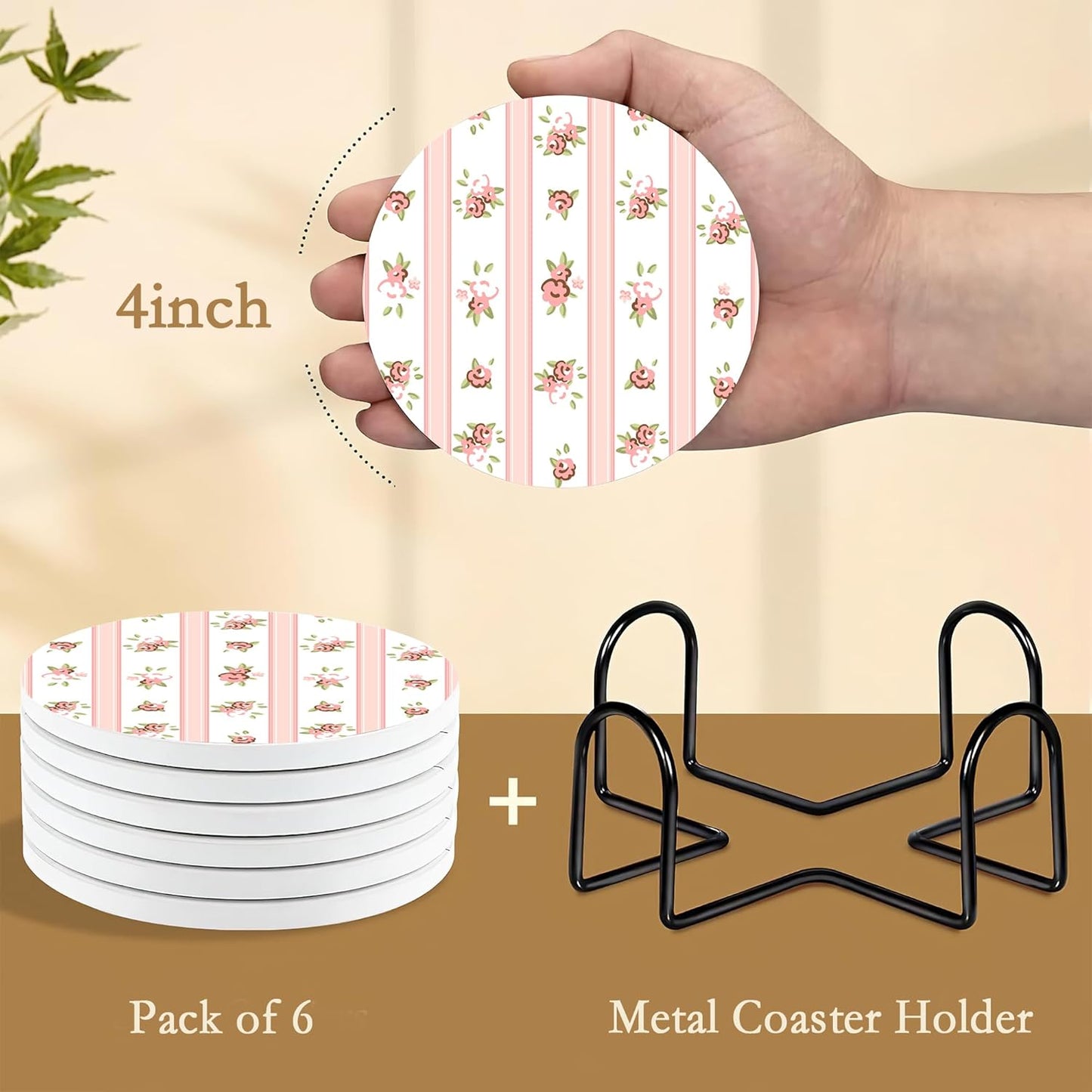 Drink Coasters,6 Pcs Shabby Chic Flower Coffee Cup Mat with Storage Holder, Durable Ceramic Coaster Set for Hot & Cold Beverages