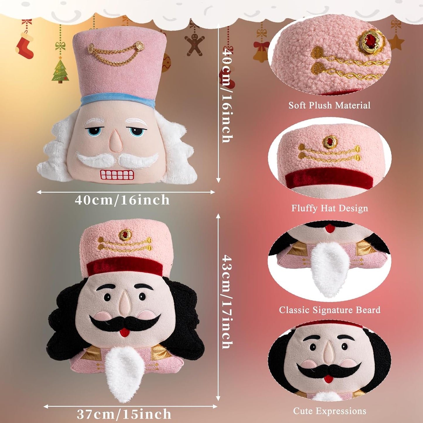 Lanpn Christmas Nutcracker Pillow Set of 2, Christmas Decoration Winter Throw Pillows Soft Cute 3D Shaped Nutcracker Throw Cushion for Sofa Living Room Bedroom Xmas Decor (Pink)