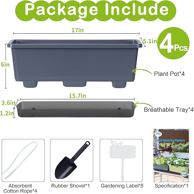 Window Box Planter 4 Packs, 17 Inches Rectangle Flower Pots with Drainage Holes & Trays, Pots for Vegetables, Herbs, Flowers, Garden Windowsill Balcony (Grey, 17 * 5.1 * 6 inch)