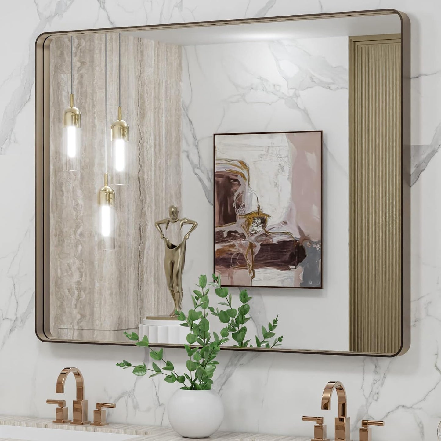 LOAAO 40”X32” Bronze Bathroom Mirrors for Vanity, Rounded Rectangle Brushed Bronze Metal Frame Mirror, Anti-Rust, Tempered Glass, Hangs Horizontally or Vertically