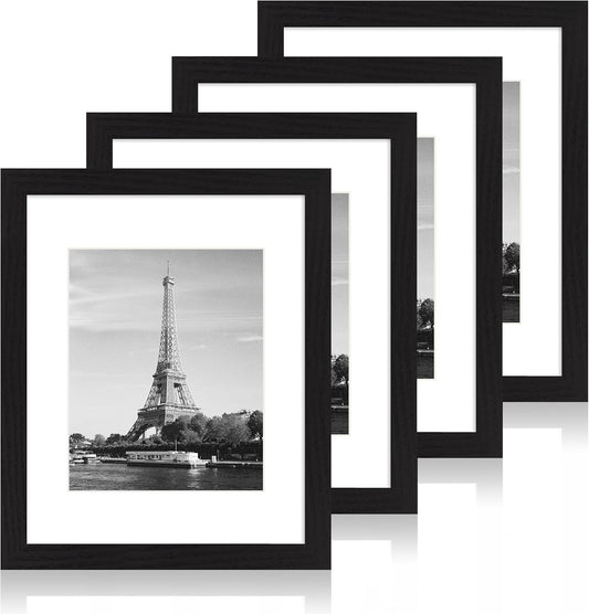 iRahmen 11x14 Picture Frame Set of 4 with Tempered Glass, Black Frame Display 8x10 Picture with Mat or 11 x 14 Without Mat, Rustic Wood Photo Frames for Horizontal or Vertical Wall Mounting
