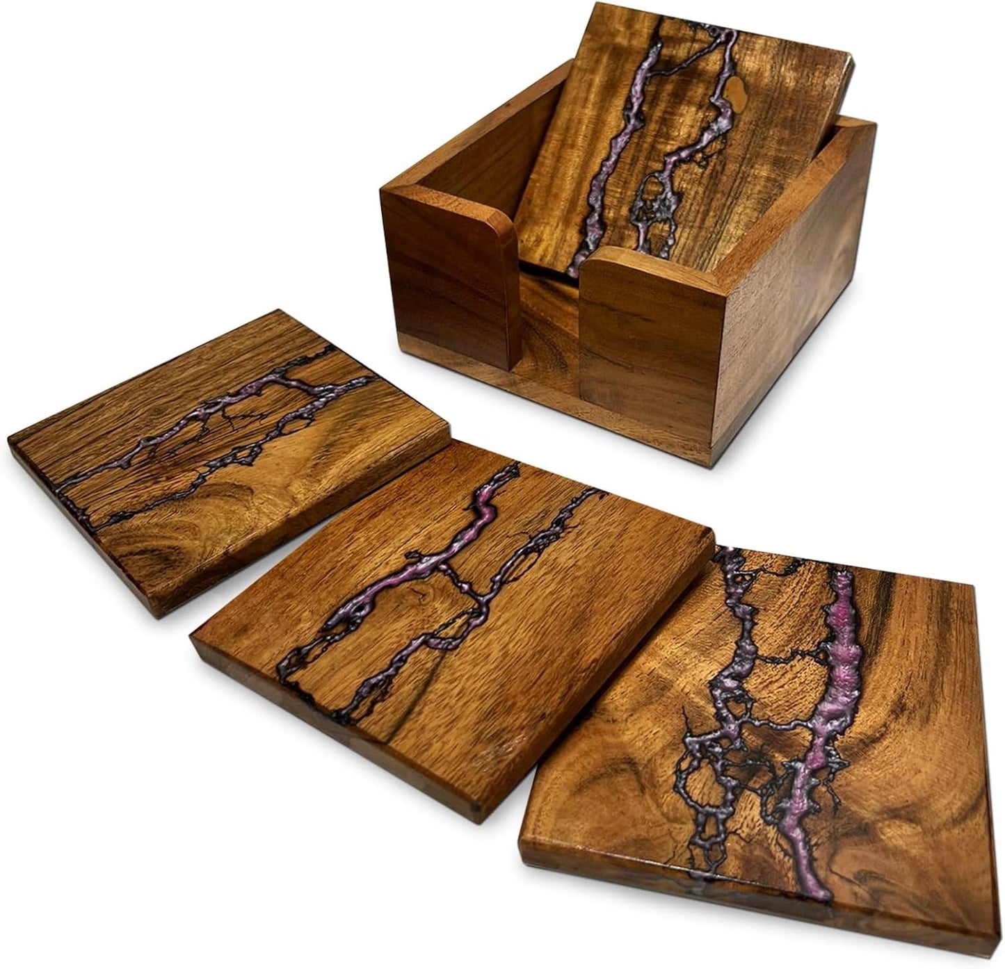 Beautiful Epoxy Resin and Wood Coaster Set - Ideal for Tabletop Protection - Enhance Your Coffee Table Decor - (Frcatal Burning Pink)