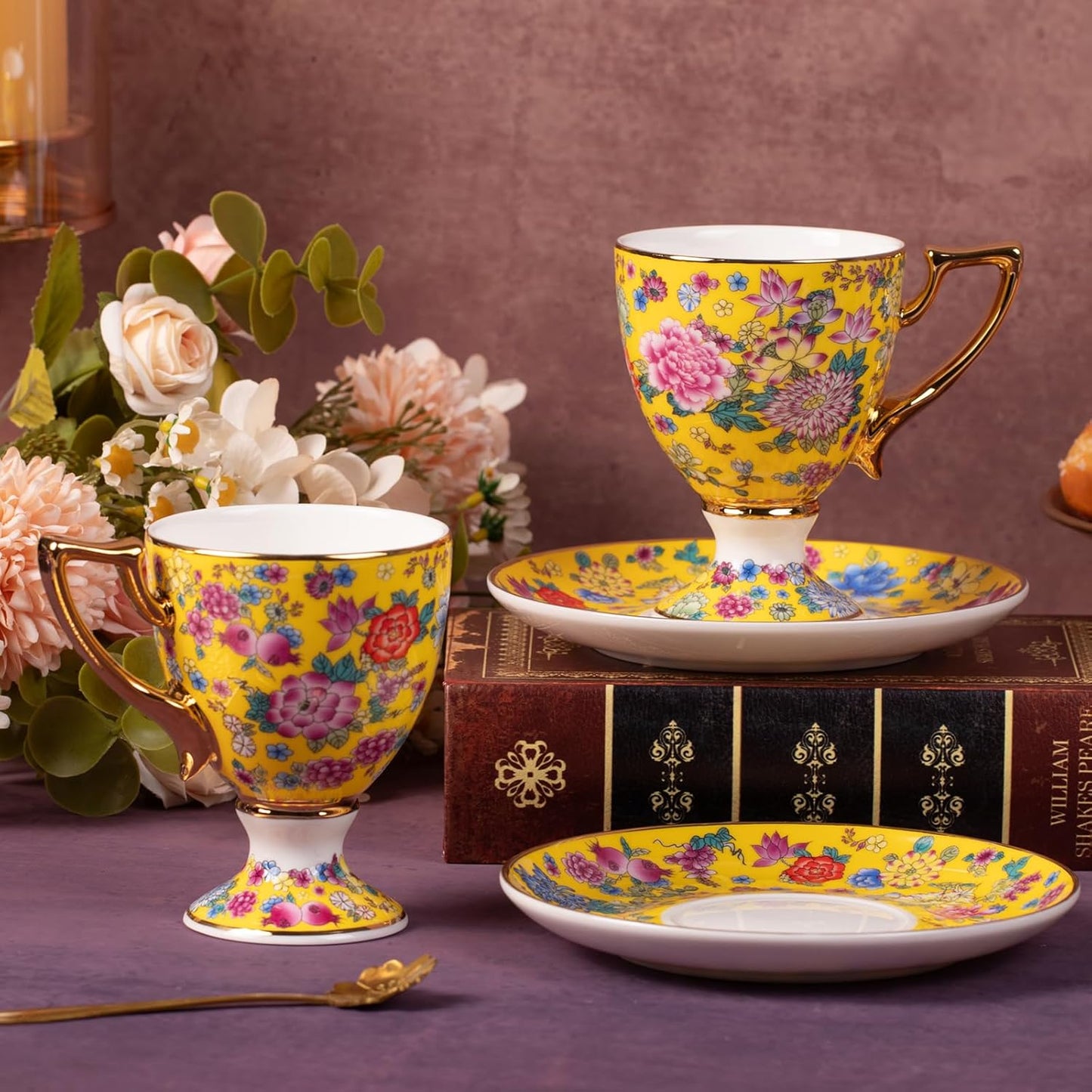 KAMMAK Tea Cups and Saucers Set of 2, Porcelain Coffee Cups with Saucer for Espresso, Cappuccino, 7oz Vintage Yellow Floral Ceramic Demitasse Mug for Home, Tea Party, Office