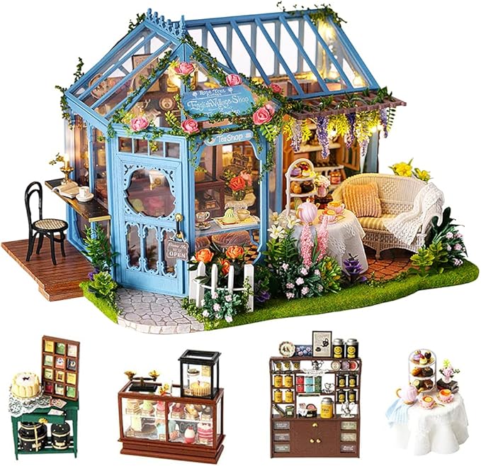 TuKIIE DIY Miniature Dollhouse Furniture Kit, 1:24 Scale Creative Room Wooden Doll House Accessories Plus Dust Proof & Music Movement for Kids Teens Adults(Rose Garden Tea House)