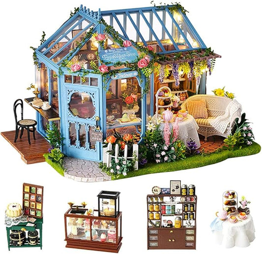 TuKIIE DIY Miniature Dollhouse Furniture Kit, 1:24 Scale Creative Room Wooden Doll House Accessories Plus Dust Proof & Music Movement for Kids Teens Adults(Rose Garden Tea House)
