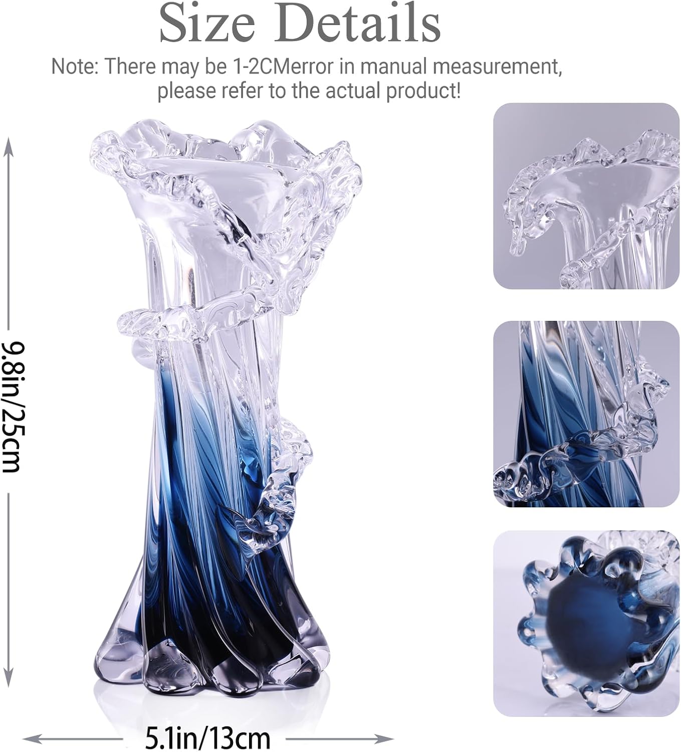 Blue White Clear Wave Vases Gradient, Murano Hand Blown Glass Vase Unique Art Decorative, for Ocean Themed Coastal Home Centerpiece Modern Office Entrance Table Creativity