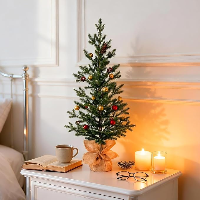 3FT Tabletop Artificial Christmas Tree, 209 Realistic PE Branches, Pine Cone Decorations, Unlit, Cement Base Wrapped in Burlap, Green