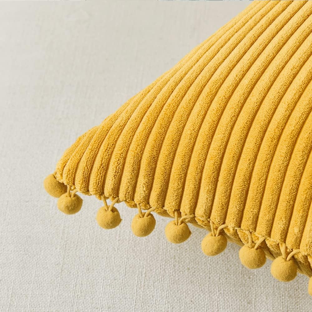 Fancy Homi 2 Pack Mustard Yellow Lumbar Decorative Throw Pillow Covers 12x24 Inch with Pom-poms for Living Room Couch Bedroom, Soft Corduroy Solid Cushion Case 30x60 cm, Rustic Farmhouse Home Decor
