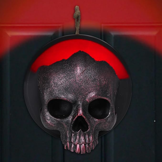 WONDER GARDEN 7.68 inch Halloween Skull Hanging Wall Decorations Light up Resin Red Gothic Skeleton Halloween Creepy Sculptures Sign for Indoor Outdoor Office Horror Home Wall Door Decor