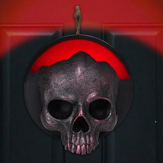 WONDER GARDEN 7.68 inch Halloween Skull Hanging Wall Decorations Light up Resin Red Gothic Skeleton Halloween Creepy Sculptures Sign for Indoor Outdoor Office Horror Home Wall Door Decor