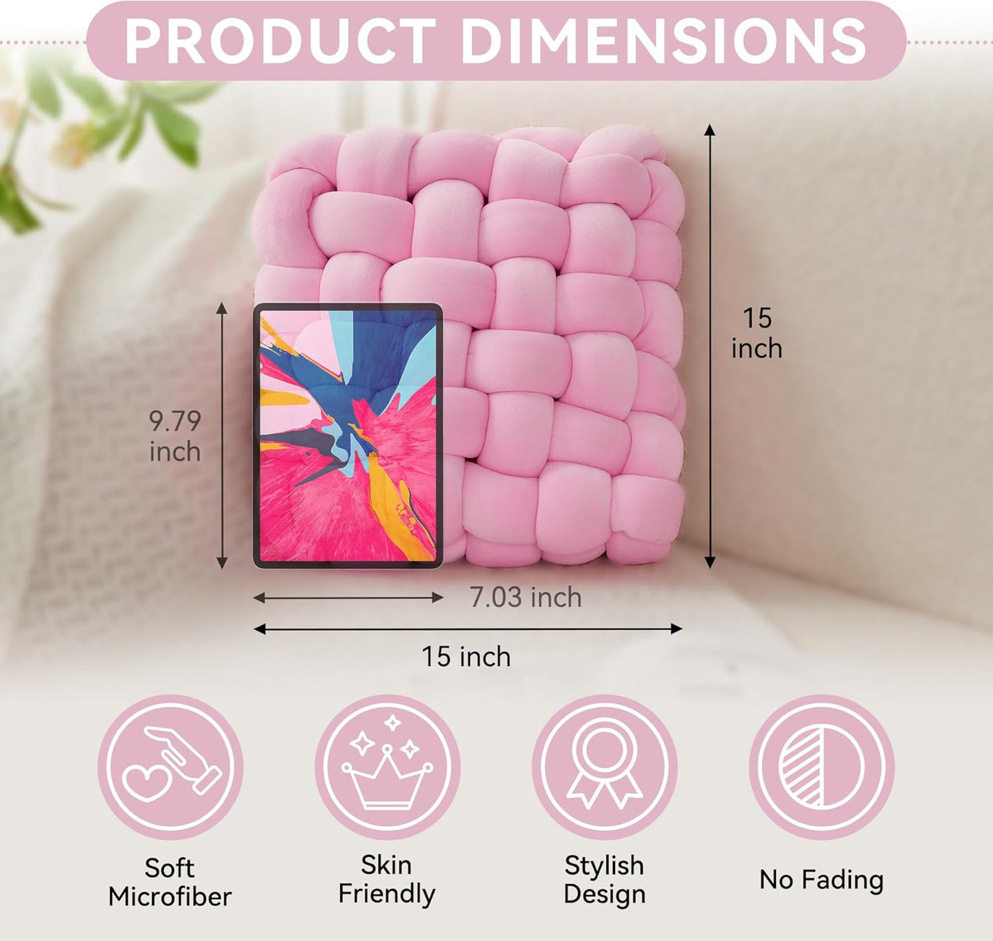 JELLYMONI Pink Square Knot Throw Pillow, Large Size Home Decorative Pillows, Decorative Ins Throw Pillows, Soft Velvet Knotted Decor for Bedroom, Living Room and Couch (L- 15"×15"×4", Pink)