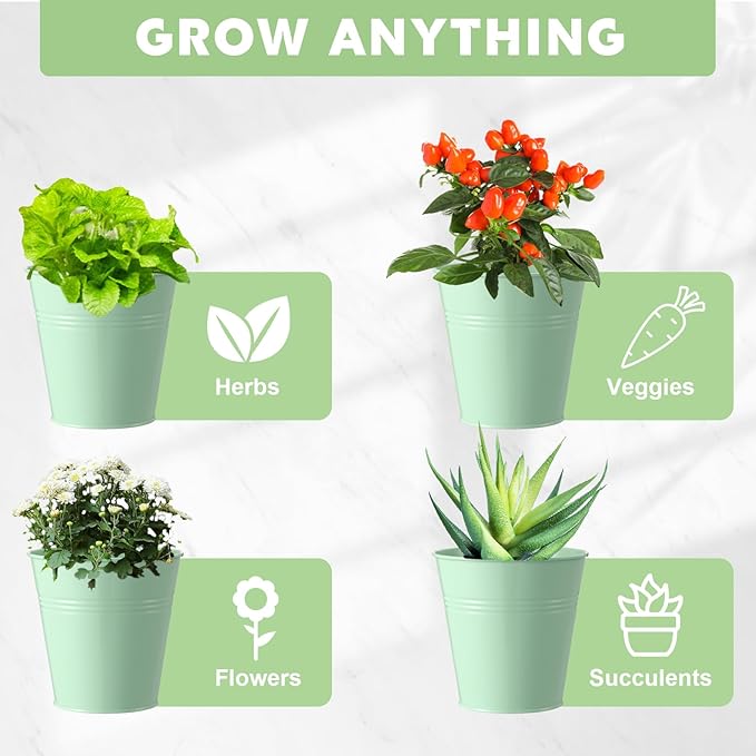 Hicarer 2 Sets Herb Planter with Tray Metal Herb Garden Planter with Drainage Farmhouse Windowsill Pots for Indoor Plants Flower Succulent Outdoor Kitchen Apartment Balcony Window (Green)