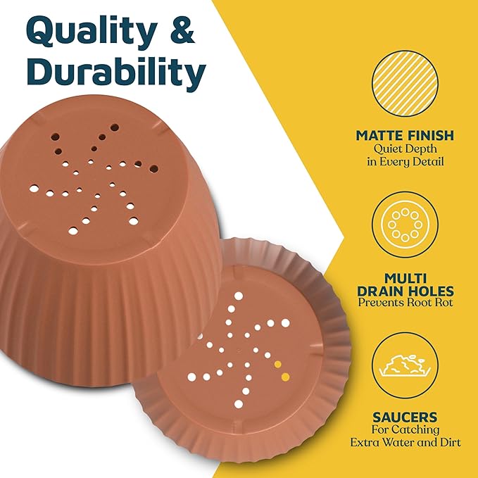 Terracotta 6-Inch Plant Pots with Drainage & Saucers 3 Pack, Indoor & Outdoor Planters for Houseplants, Herbs, and Flowers, Durable & Weatherproof Material, Stackable, Lightweight, Minimalist Design