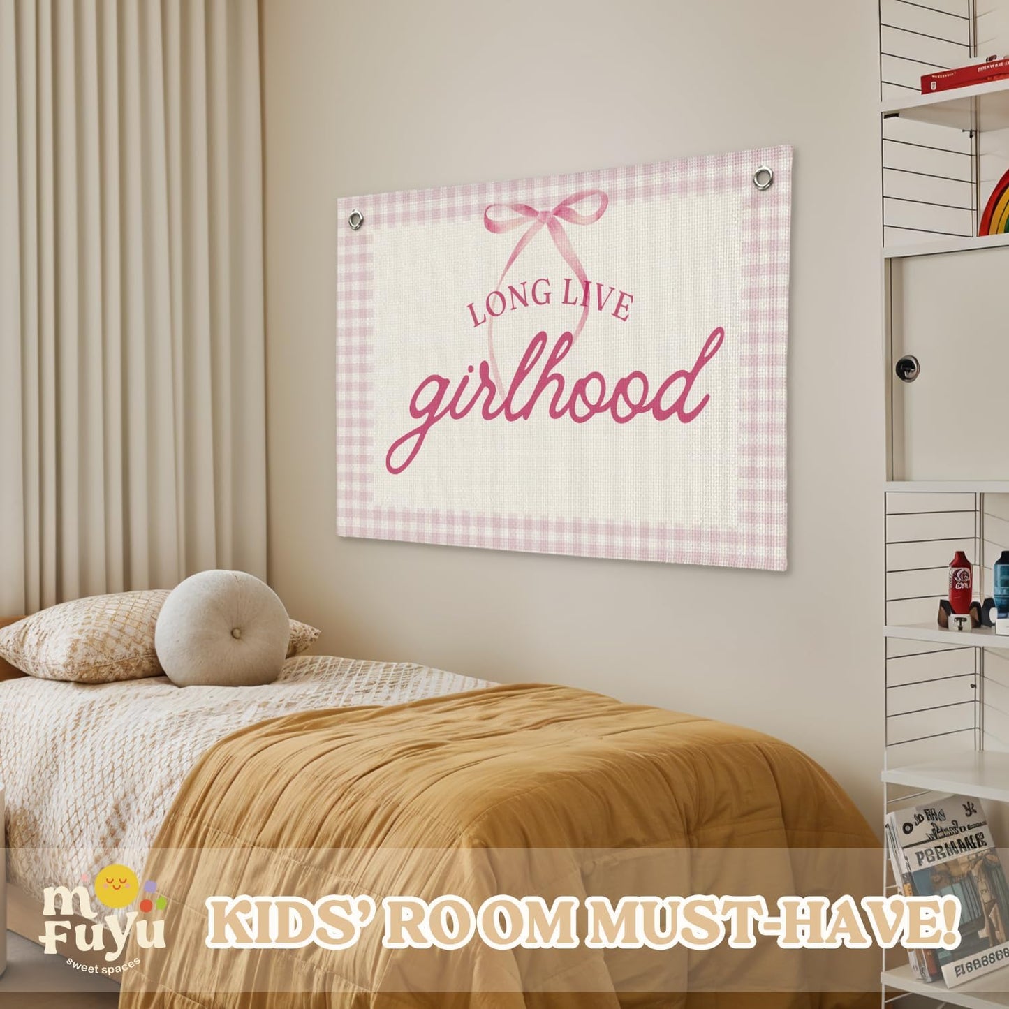 Girl Room Decor - Long Live Girlhood Linen Banner，Bow Nursery Decor for Girl,Swan Decor Wall Hanging for Nursery, Playroom, Kids Bedroom and Aesthetic Room Decor 30x20 Inch