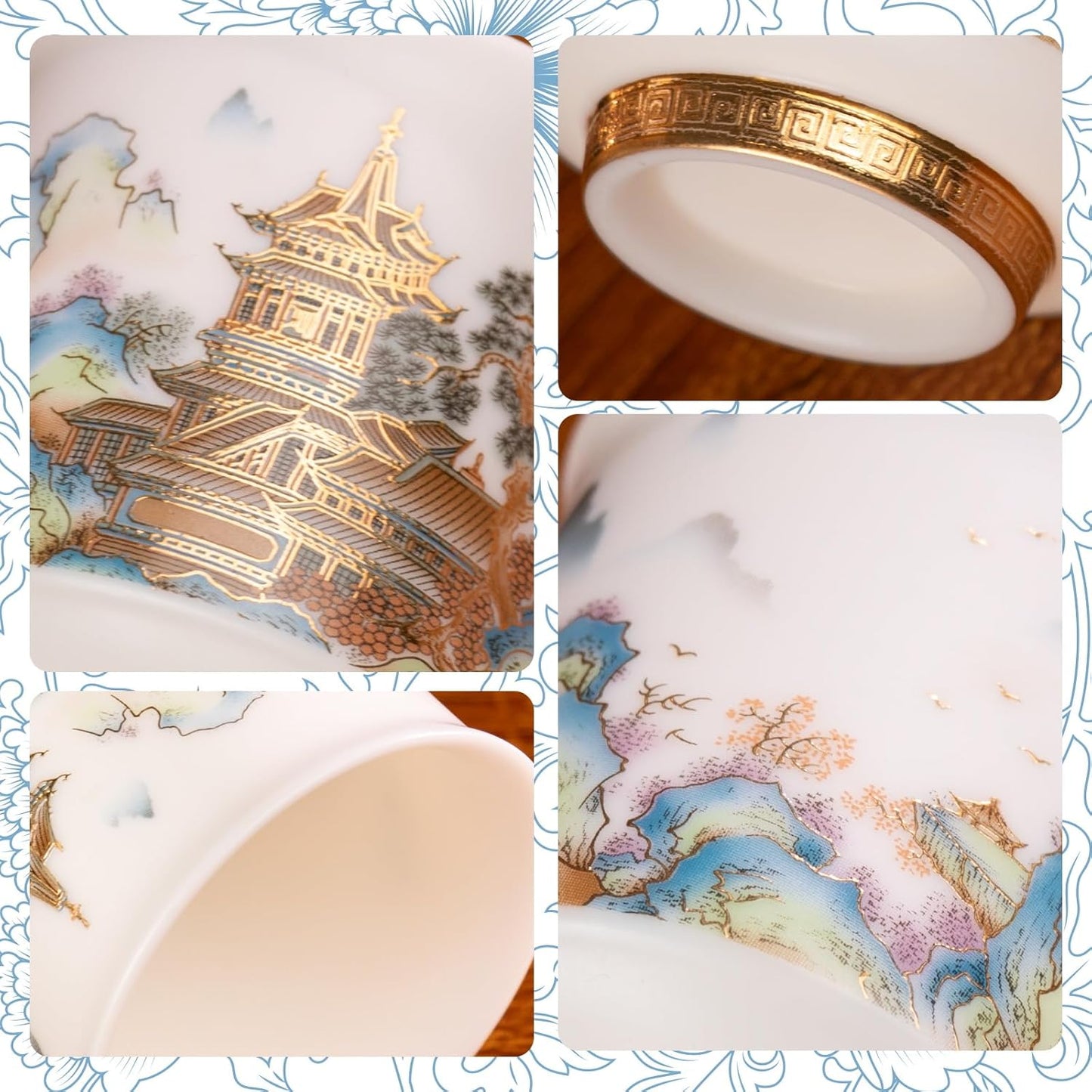 KAMMAK Ceramic Tea Cups Small, Cute Vintage Coffee Cup Set of 2, Porcelain Teacups Espresso Mug, 3.2oz Hand Painted Chinese Afternoon Tea Party Mugs, Birthday Gift for Women Men, Spring Wealth