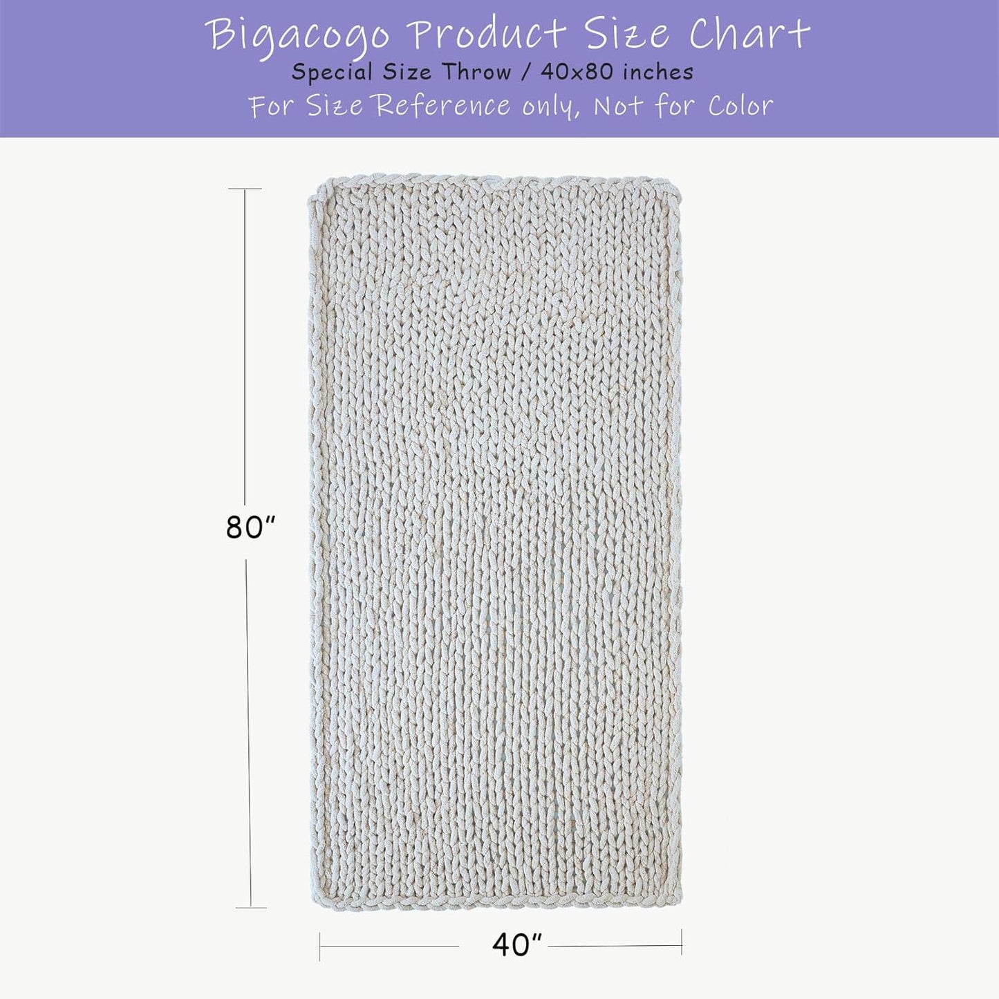 Bigacogo Chunky Knit Throw Blanket for Couch, 40x80 inches, 100% Hand Knitted with Thick Jumbo Chenille Yarn, Cozy Soft Large Rope Knot Cable Crochet Blankets for Sofa Bed Living Room, Ivory